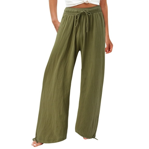 Lixiuxyad Linen Palazzo Pants Women High Waist Wide Leg Lounge Summer Casual Beach Trouser with Pockets Travel Vacation Outfits Green