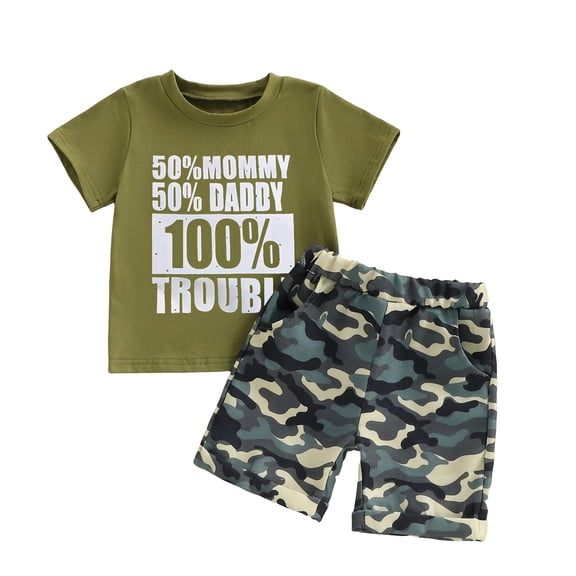 felwors Toddler Kids Baby Boy Summer Clothes 2T 3T 4T 5T 6T Vehicles Letter Print Short Sleeve Tops Camouflage Shorts Outfits (18-24 Months, Mint Green)