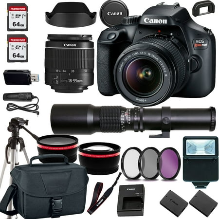 Canon EOS Rebel T100/4000D DSLR Camera w/Canon EF-S 18-55mm F/3.5-5.6 Zoom Lens+500mm f/8.0 Telephoto Lens+case+128Memory Cards (24PC)