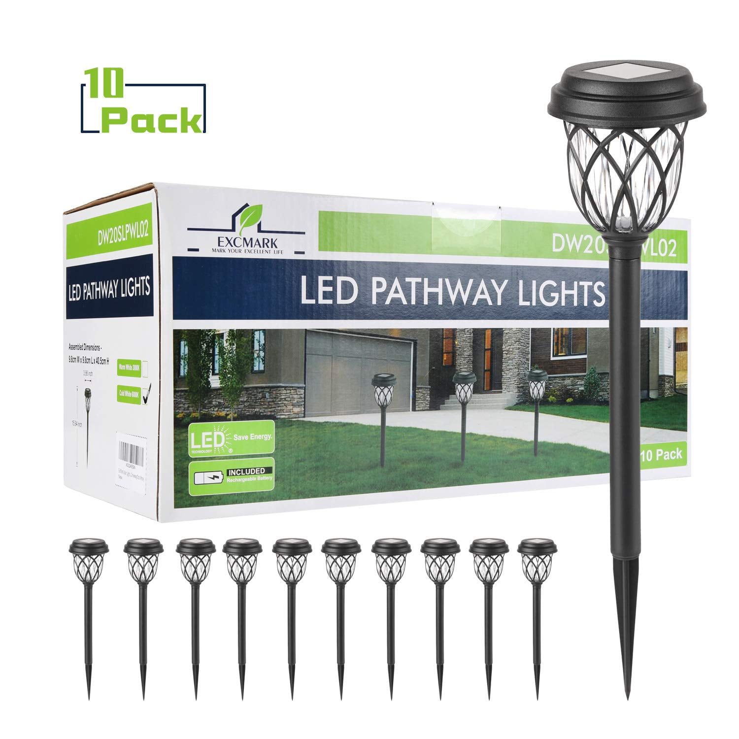 ExcMark 10 Packs Solar Lights Outdoor Garden Pathway Solar Powered Yard Lights for Walkway Sidewalk Driveway. (Black, Warm White)