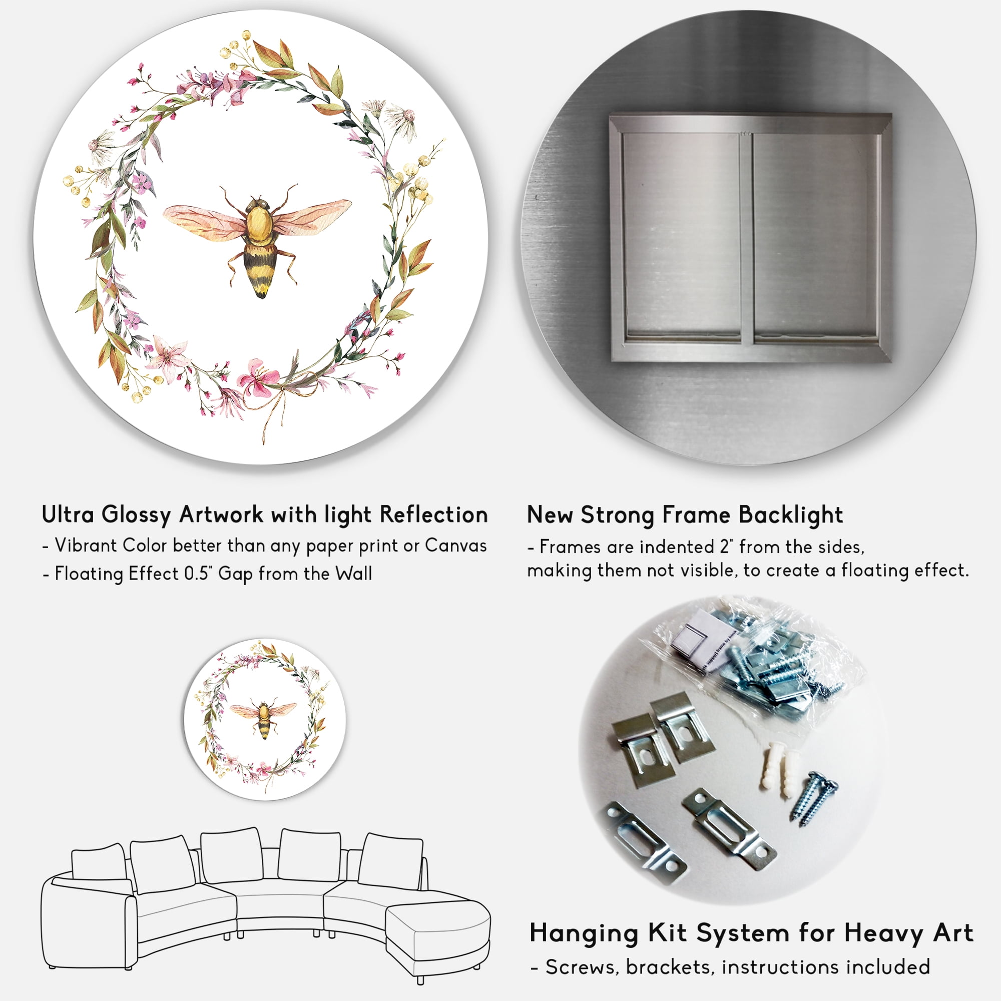 Designart 'Wildflowers Wreath and A Bee' Farmhouse Circle Metal Wall Art 29x29 - Disc of 29