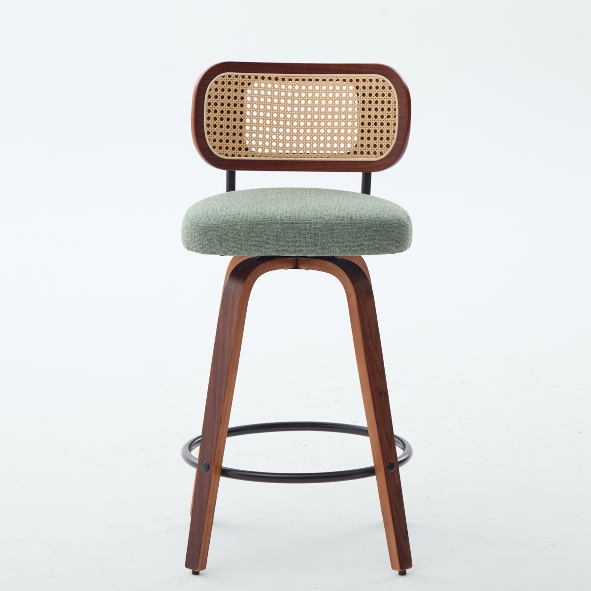 26 Inch Counter Height Swivel Bar Stools, Set of 3 Upholstered Faux Leather Bar Chairs with Walnut Back, Bentwood Legs, Mid Century Modern Island Stools for Kitchen Counter