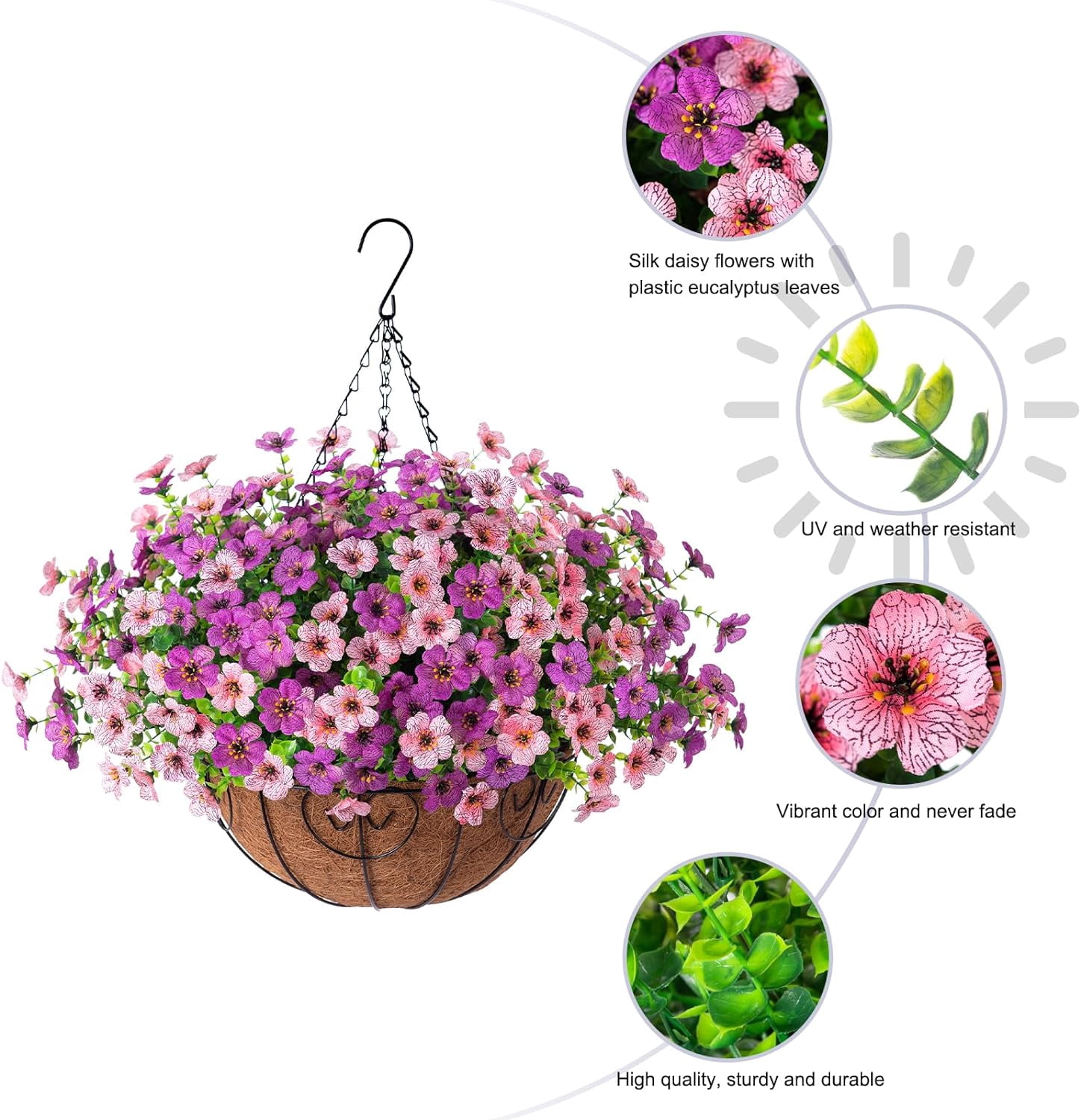 Artificial Fake Hanging Outdoor Outside Flowers Plants Basket for Summer Porch Decoration, Faux Silk UV Resistant Look Real Daisy in Planter for Patio Balcony Garden