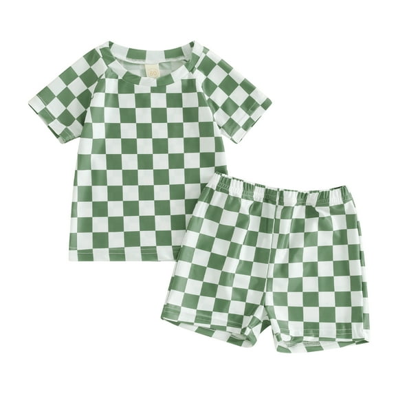Hirigin Toddler Baby Boy Two Piece Swimsuit Set Checkered Short Sleeve Rashguard Swimwear Bathing Suit Sunsuit Beach Wear