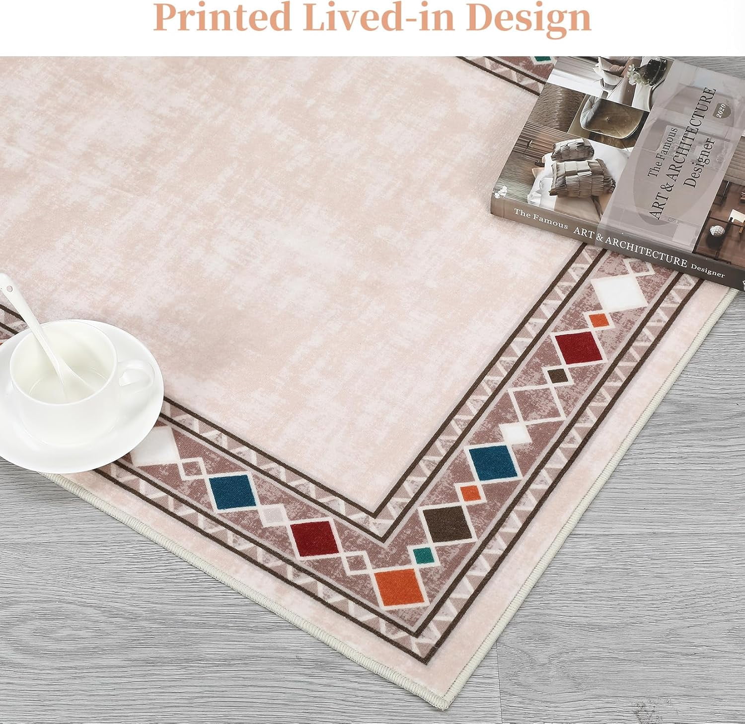 Living Room Rug 8x10 Washable Rugs Soft Bedroom Rug Farmhouse Large Area Rug Non Slip Throw Rugs Vintage Low Pile Non Shedding Stain Resistant Carpet for Dining Room Classroom 8'x10' Beige