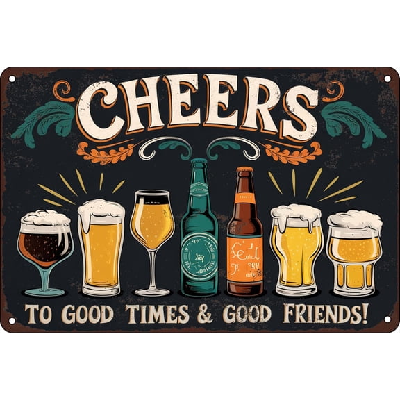 Vintage Bar Signs for Home Bar Cheers To Good Times And Good Friends Vintage Beer Metal Tin Sign Man Cave Wall Decor for Men Retro Apartment Basement Accessories Gift 8x12 In