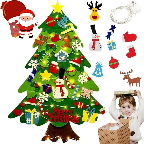 Montessori Felt Christmas Tree for Toddlers - 3D Oversized Wall Hanging with Lights, Reusable