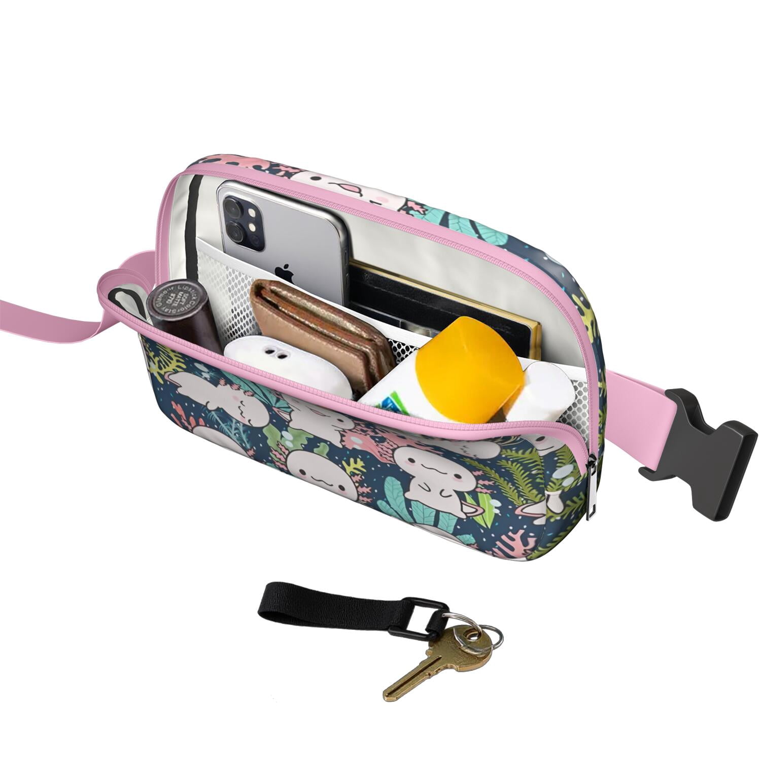 Adorable Axolotl Waist Bag – Cute & Colorful Mythical Creature Fanny Pack for Women with Kawaii Cartoon Print, Great Gift for Fantasy Fans