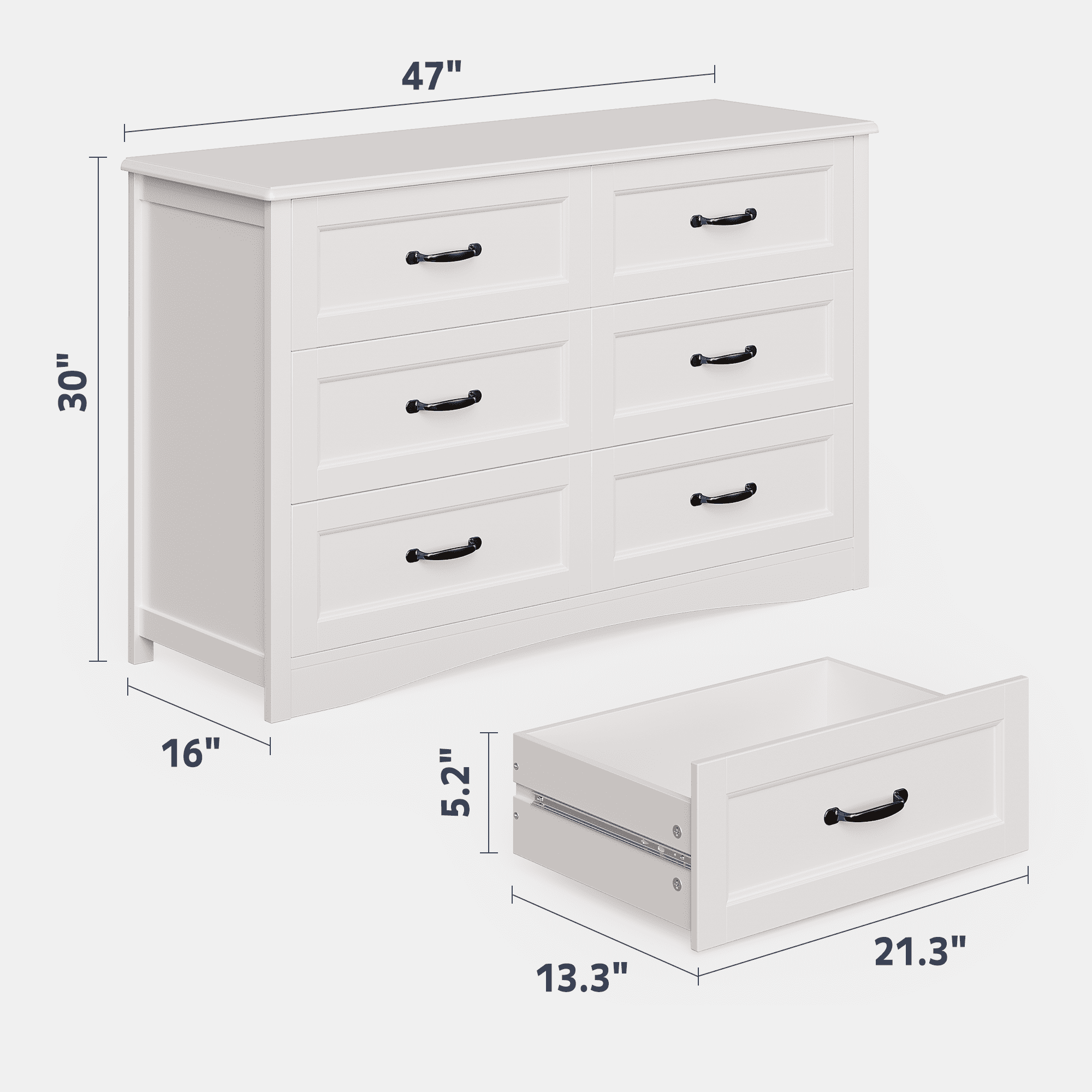 Asofer 6-Drawer White Dresser Cabinet, Sturdy Wood Double Chest for Bedroom