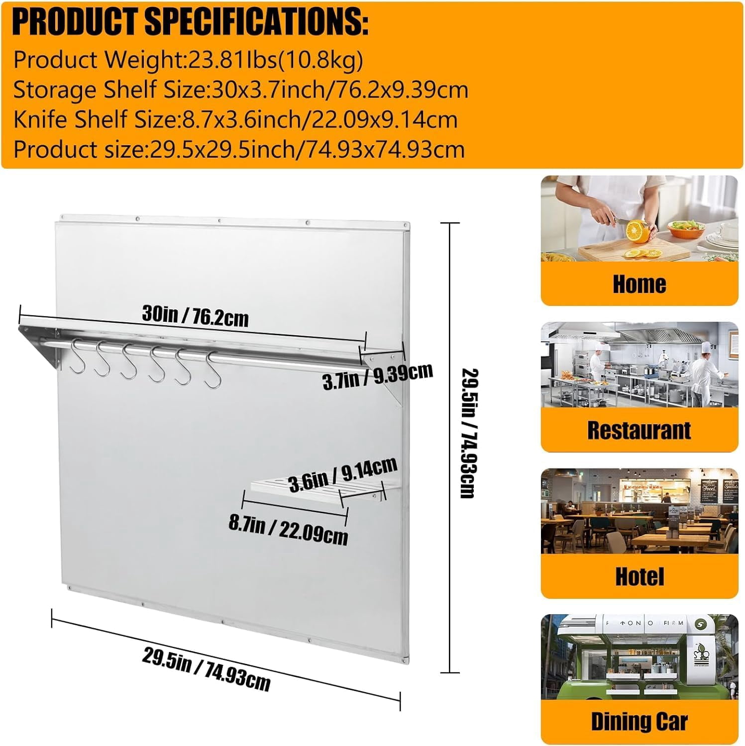 29.5"x29.5" Stainless Steel Range Backsplash,with Storage Shelf & Knife Rack,for Stove Hood - Wall Mount Kitchen Back Panel,with Pre-Drilled Holes,Commercial,Easy to Clean & Install