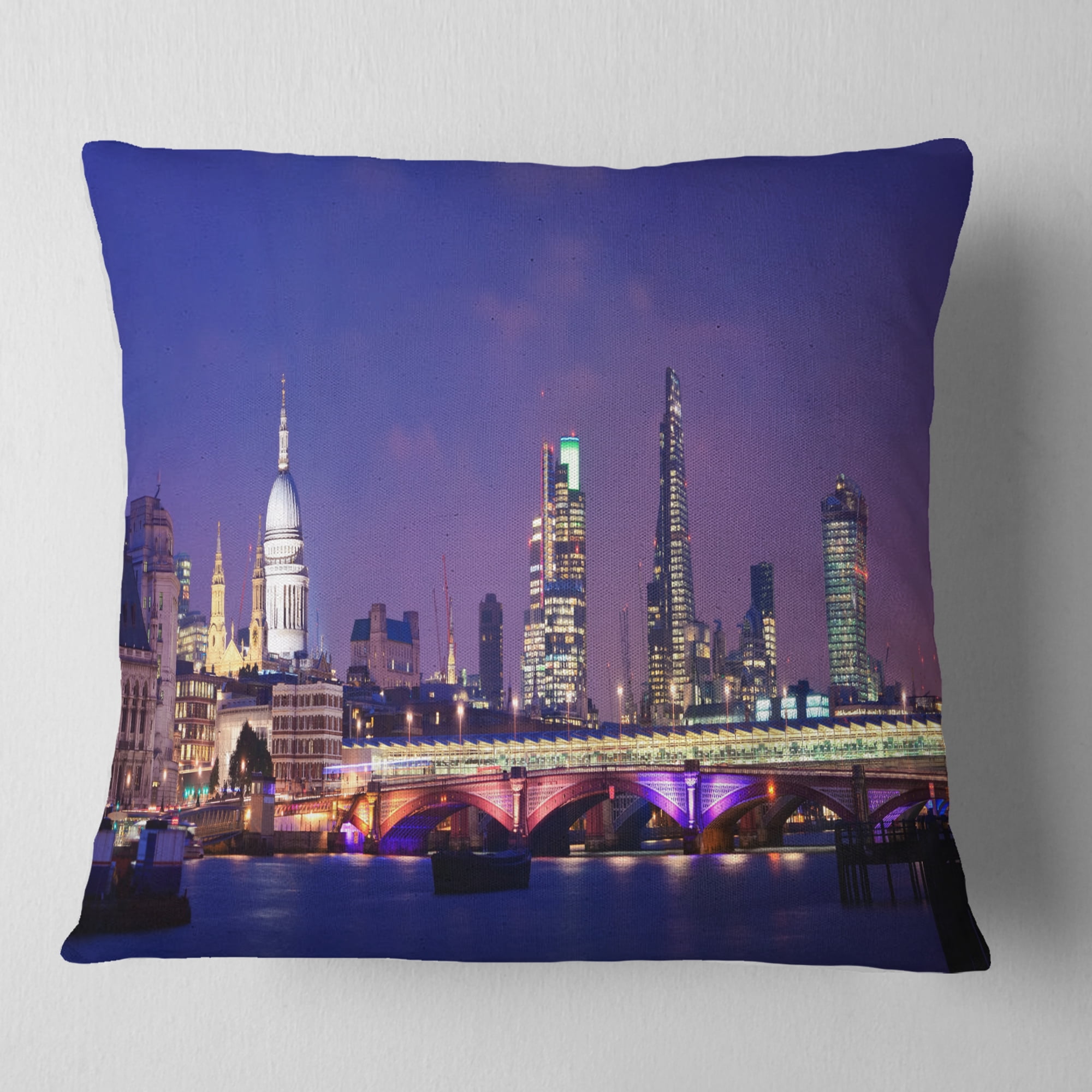 Designart London Night Panorama - Cityscape Photo Throw Pillow - 18x18