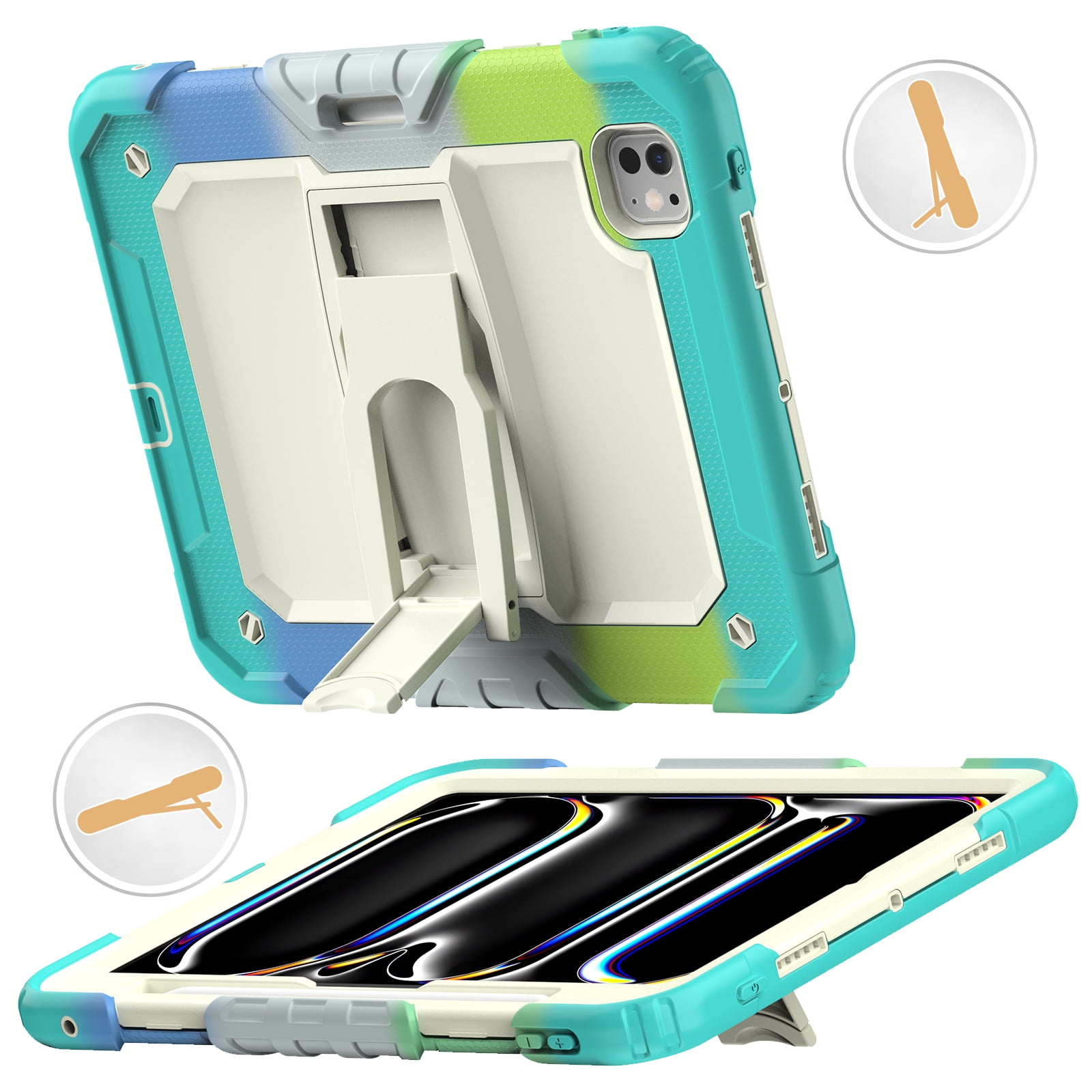 Rugged Case For Apple iPad Pro 11 (2024) – 3-Layer Protection Shockproof Stand Cover with Screen Protector, Adjustable Stand, Shoulder Strap, & Pencil Holder -- Colorful Blue