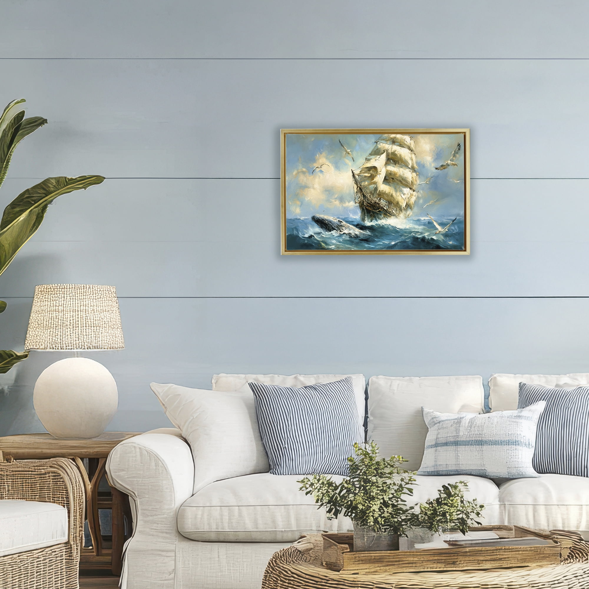 Stupell Industries Clipper Ship & The Whale Gold Framed Floater Canvas Wall Art, design by Tina LeCour