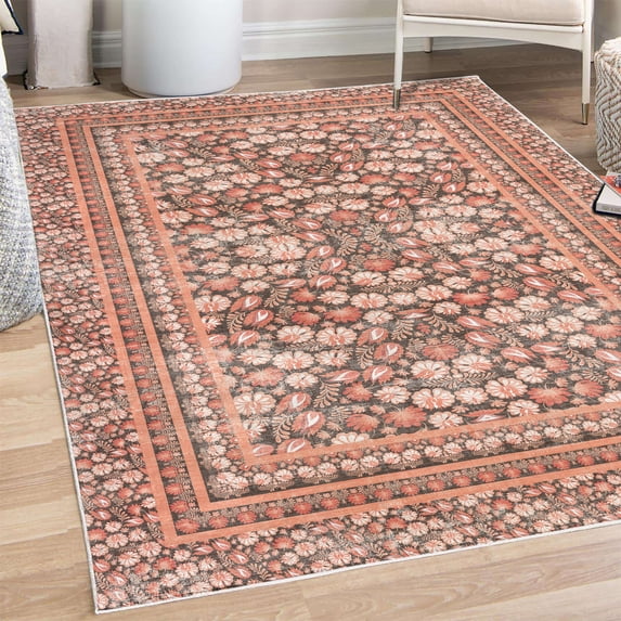 Floral Art Decorative Rug, Pastel Design Bohemian Nature Art of Vintage Leaves and Flowers, Quality Carpet for Bedroom Dorm and Living Room, 6 Sizes, Burnt Sienna, by Ambesonne