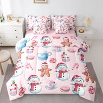 Manfei Cute Christmas Snowman 7 Pieces Bedding Comforter Set,Cartoon Gingerbread Man Full Bedding Set,Sweet Dessert Ckae Fitted Sheet Flat Sheet For Girsl Kids,Luxury Bedroom Decor Reversible