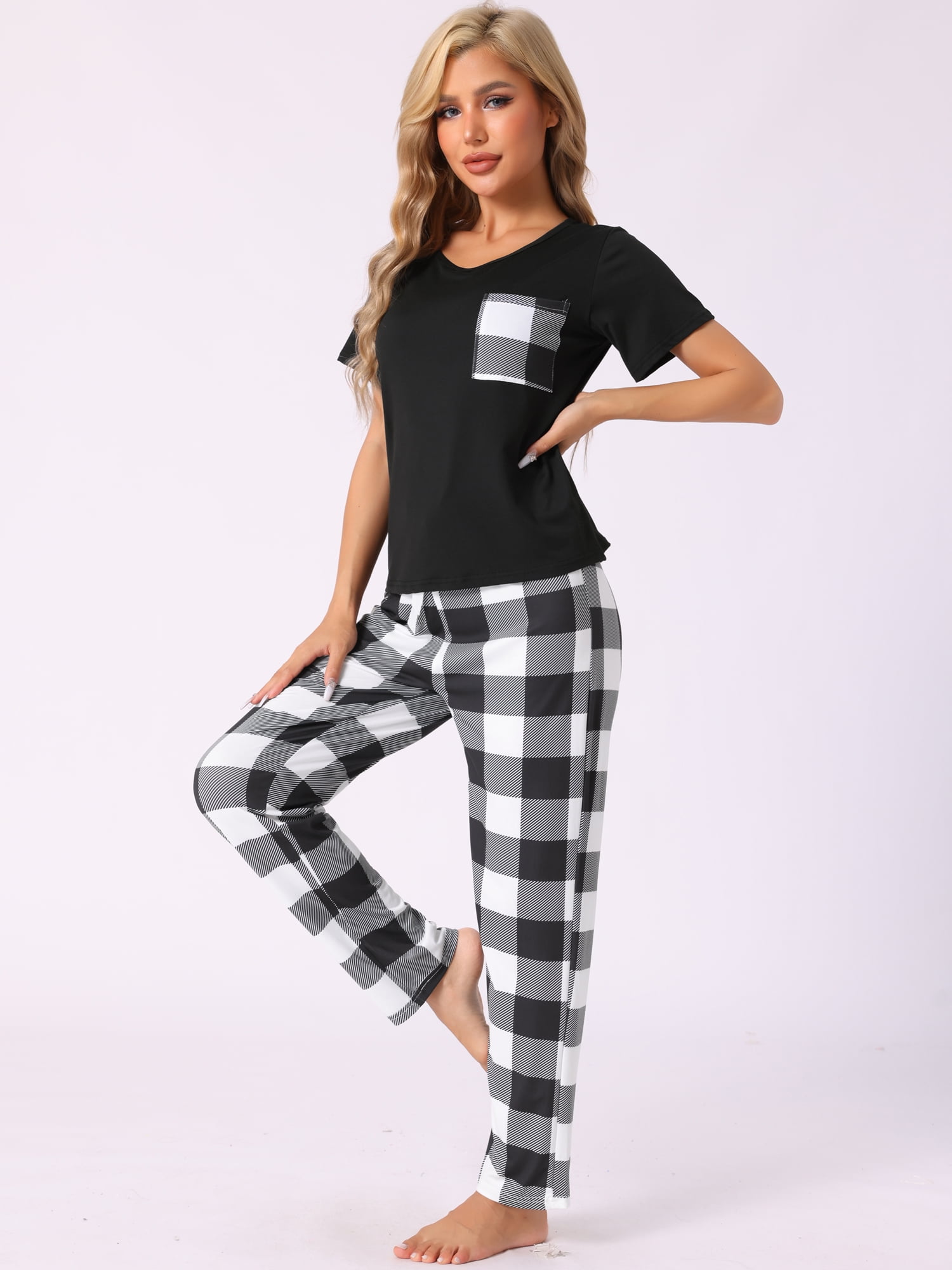 DARING DIVA Women's Plaid Short Sleeve Tops with Pants Pajama Sets L White