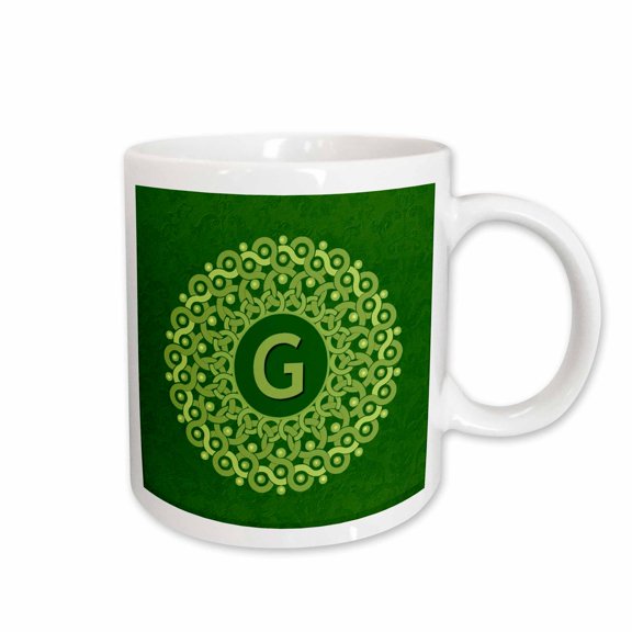 3drose, Monogram G Lime and Olive Green Mandala on Forest Green Muted Grunge Damask, 15oz Mug