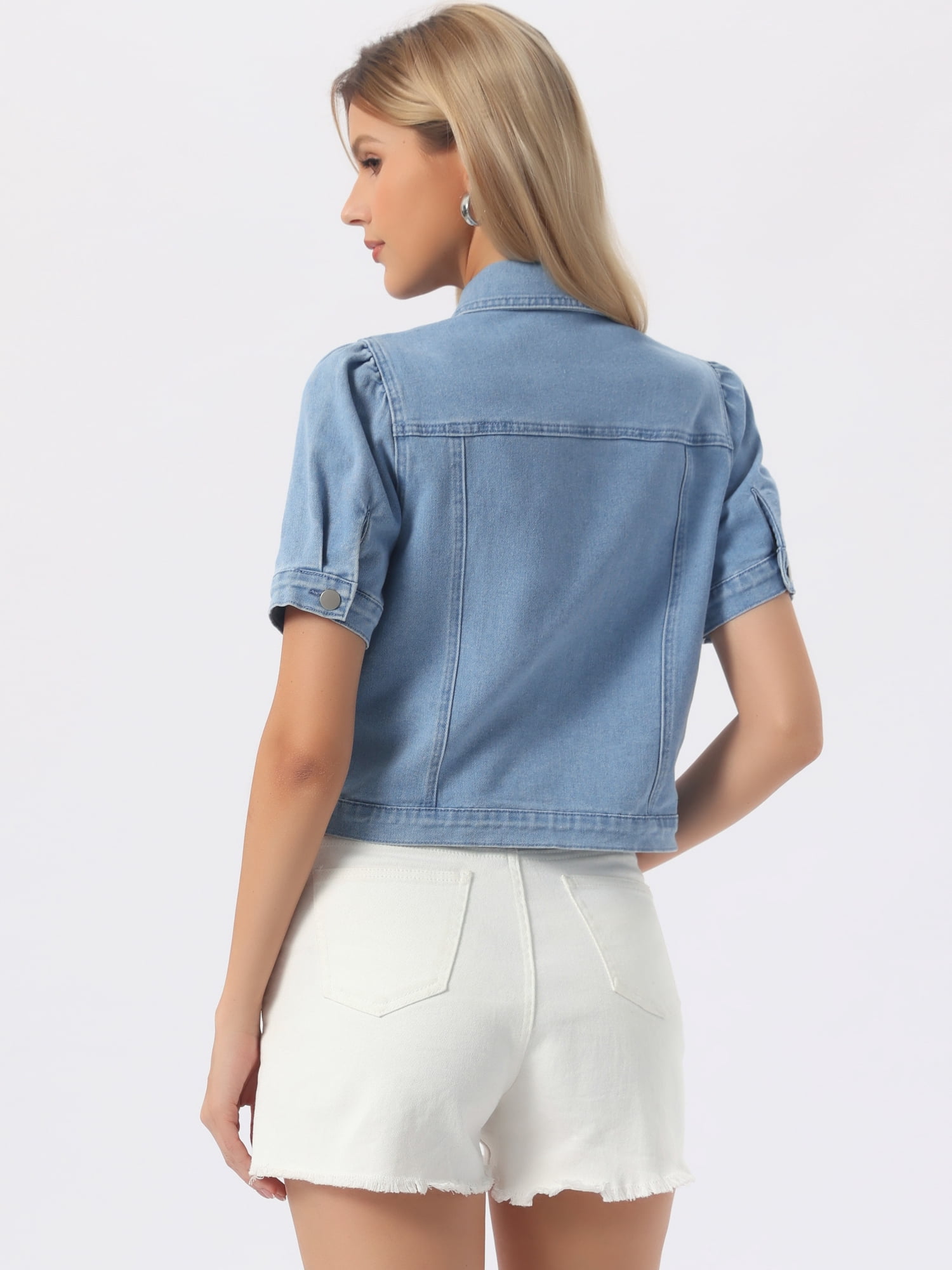 DARING DIVA Women's Jean Jacket Short Puff Sleeves Button-Down Denim Jacket L Light Blue