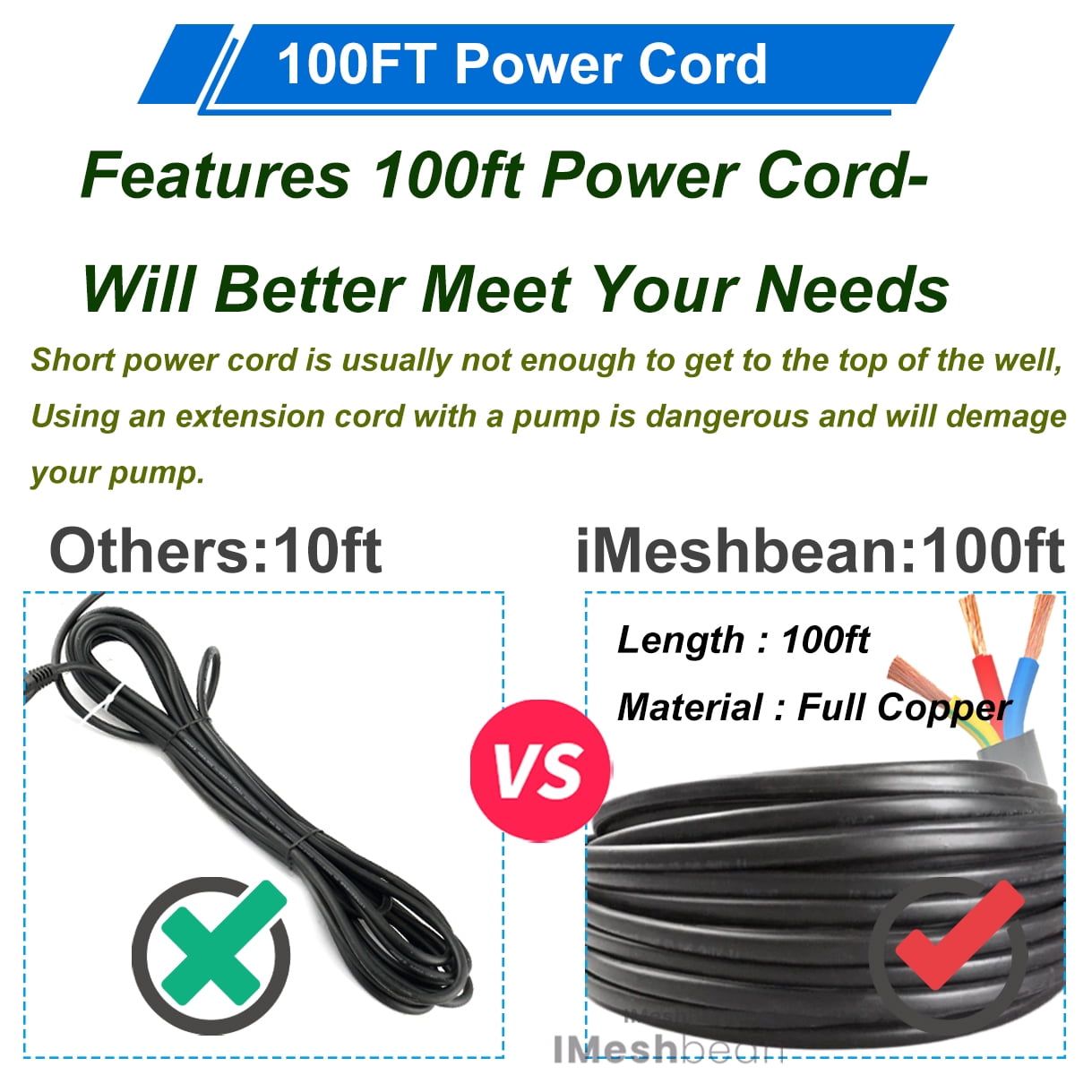 iMeshbean Deep Submersible Well Pump 1 HP Submersible Well Pump 110V Water Pump 37GPM 207ft Head with 100ft Electric Cable Stainless Steel Water Well Pumps Submersible w/ Bonus Outlet