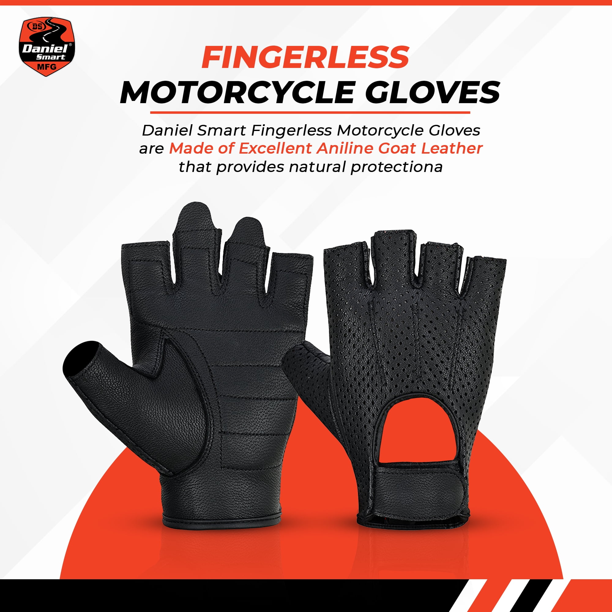 Daniel Smart Aniline Goat Leather Gloves – Fingerless Motorcycle Gloves with Perforated Action and Gel Palm