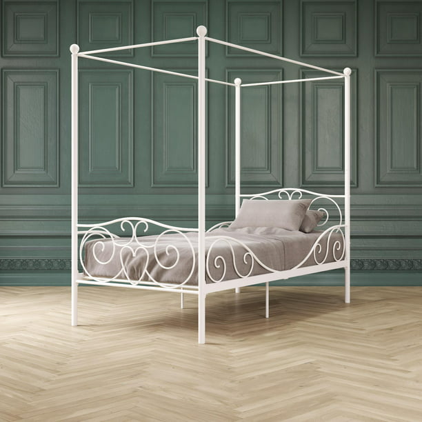 Oak Canopy Metal Bed Twin Size Frame, White Twin Canopy Bed