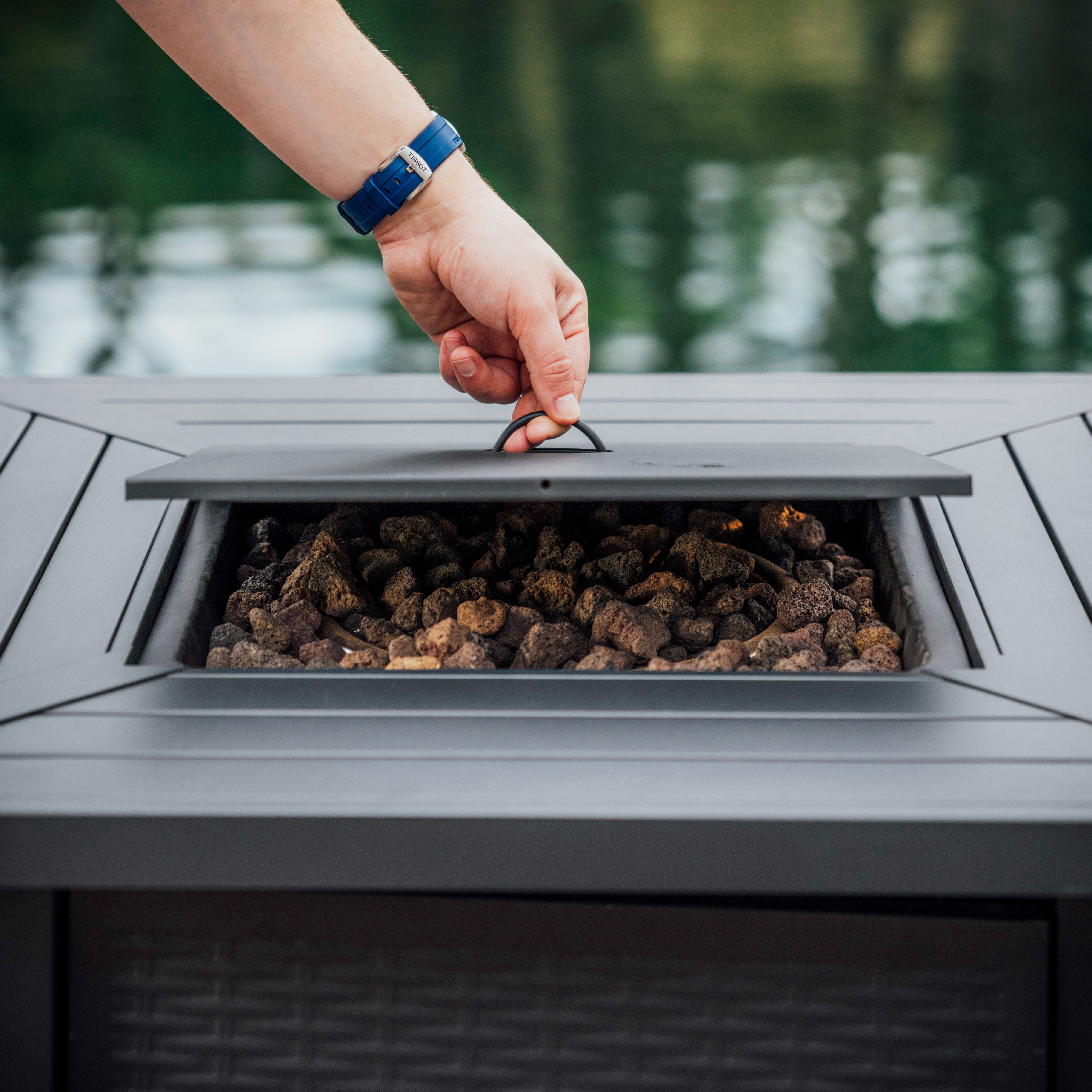 Hearth & HArbors 28” Propane Fire Pit Table for Outside with Lava Rocks, Weatherproof Protective Cover and Electronic Ignition, Gray