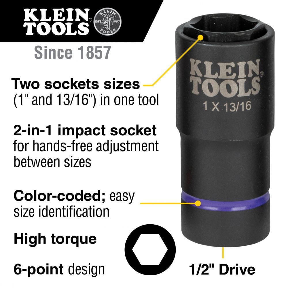 Klein Tools 66065 1 in. and 13/16 in. 2-in-1 6-Point Impact Socket