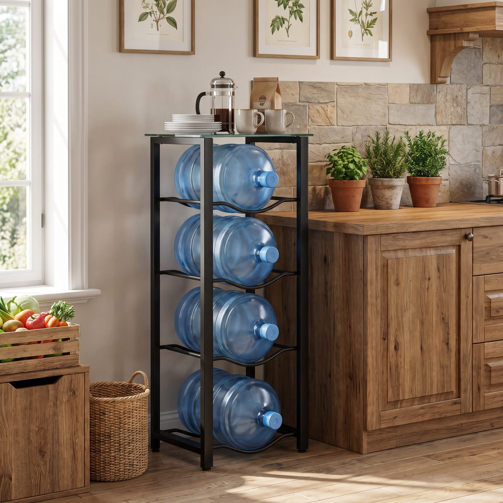 Biotree 5 Gallon Water Jug Holder for 4 Bottles with Storage Shelf, Black