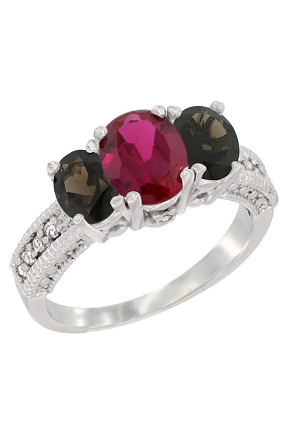 14K White Gold Diamond HQ Ruby Ring Oval 3-stone with Smoky Topaz, size 9