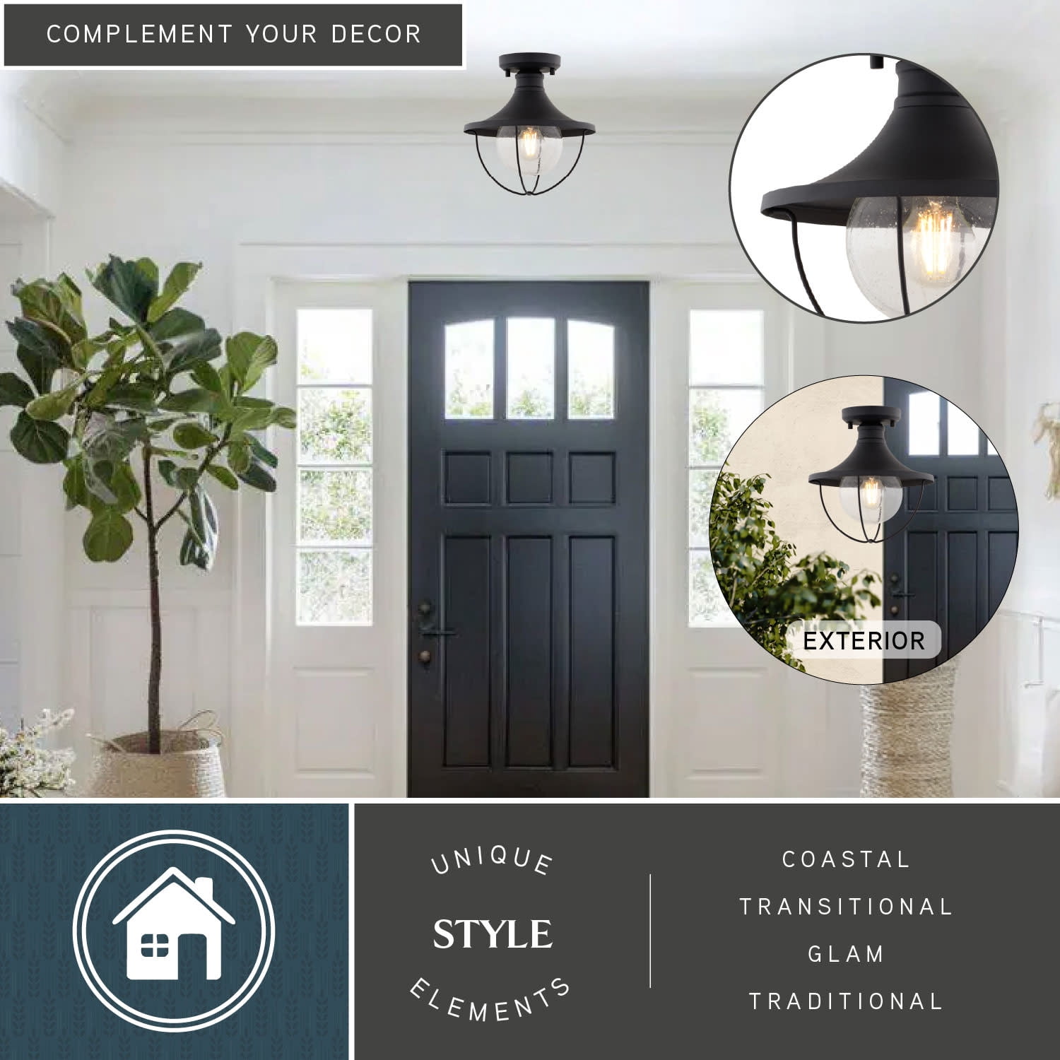 Dunlap Textured Black Coastal Outdoor Flush Mount Ceiling Light Clear Glass