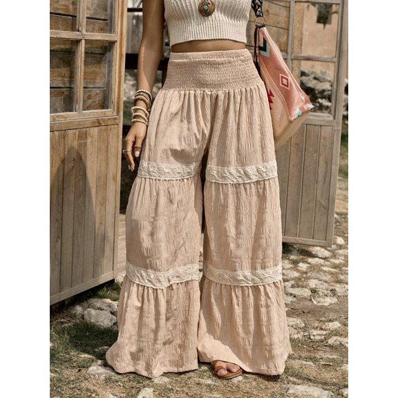 Women Western Country Style Gathered Waist Patchwork Wide Leg Pants