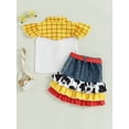 thumbnail image 5 of Kids Girl Summer Outfits Plaid Print Fly Sleeve Shirts Tops Cow Pattern Ruffles Patchwork Denim Skirts Headband 3Pcs Clothes Set, 5 of 8
