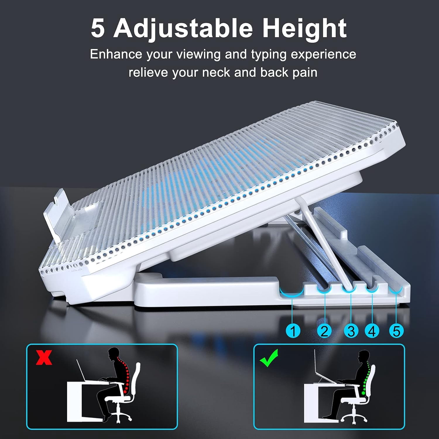 Laptop Cooling Pad with Adjustable Height Two 5.1 Inches Fan 2 USB Ports Suitable for 12"-15.6" Laptops