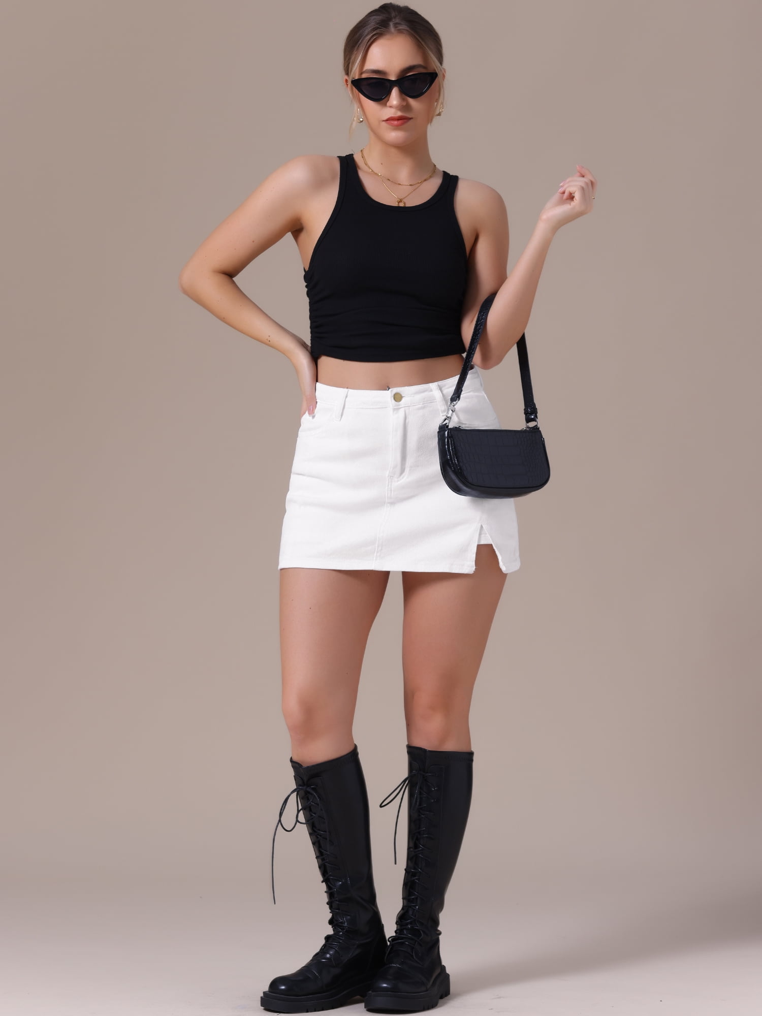 DARING DIVA Women's High Waisted A Line Stretchy Side Slit Mini Denim Skirt 2XL White