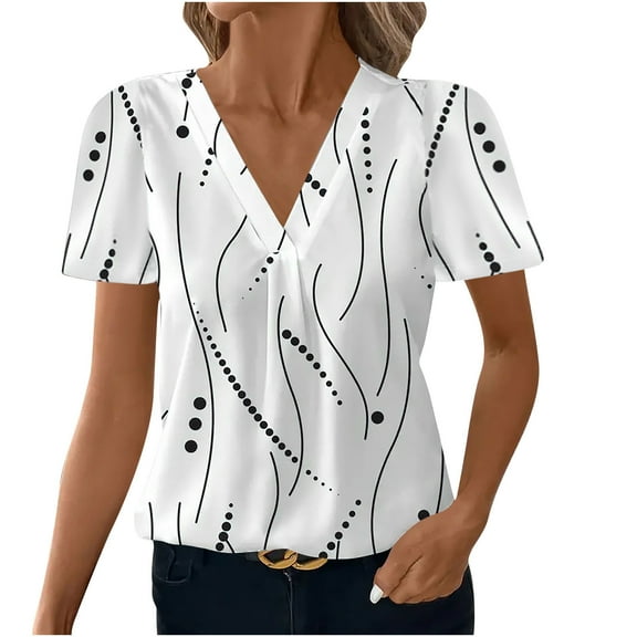Ruimatai Women's V-Neck Short Sleeve Tops Casual Floral Printed Blouse Summer Loose Fit T-Shirt Comfortable Stretchy Soft Fabric