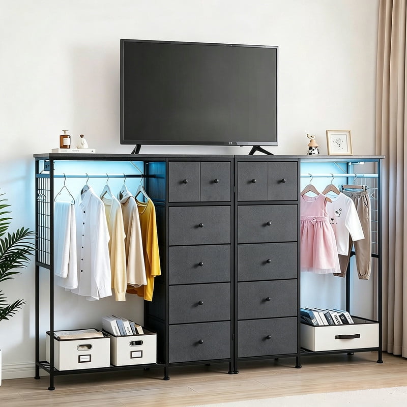 Simenmax 6-Drawer Storage Closet with LED Lights & Charging Station, 49.2" Wide Wooden Wardrobe Rack with Fabric Bins,Portable Clothing Organizer for Bedroom, Entryway, Gray