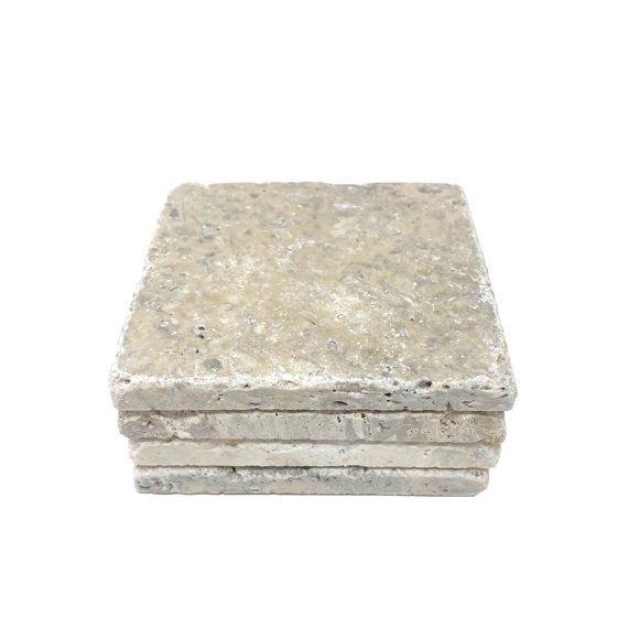Beige 4'' X 4'' Travertine With Fossil Coasters Stone Drink Spills Coasters Tumbled Stone Set Of 4 Pieces