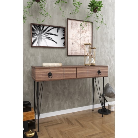 Asiolo 2 Drawers Metal legs Console Table, Wood Base Console table, Easy to assemble, Walnut
