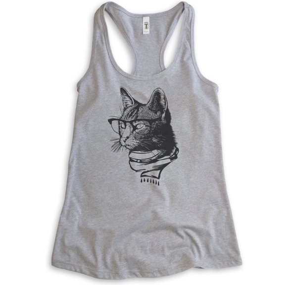 Hipster Cat Tank Top, Ladies Racerback Tank Top, Cat Lover Tank, Cat Glasses Tank, Nerd Tank, Cat Mom Tank, Heather Gray, Medium