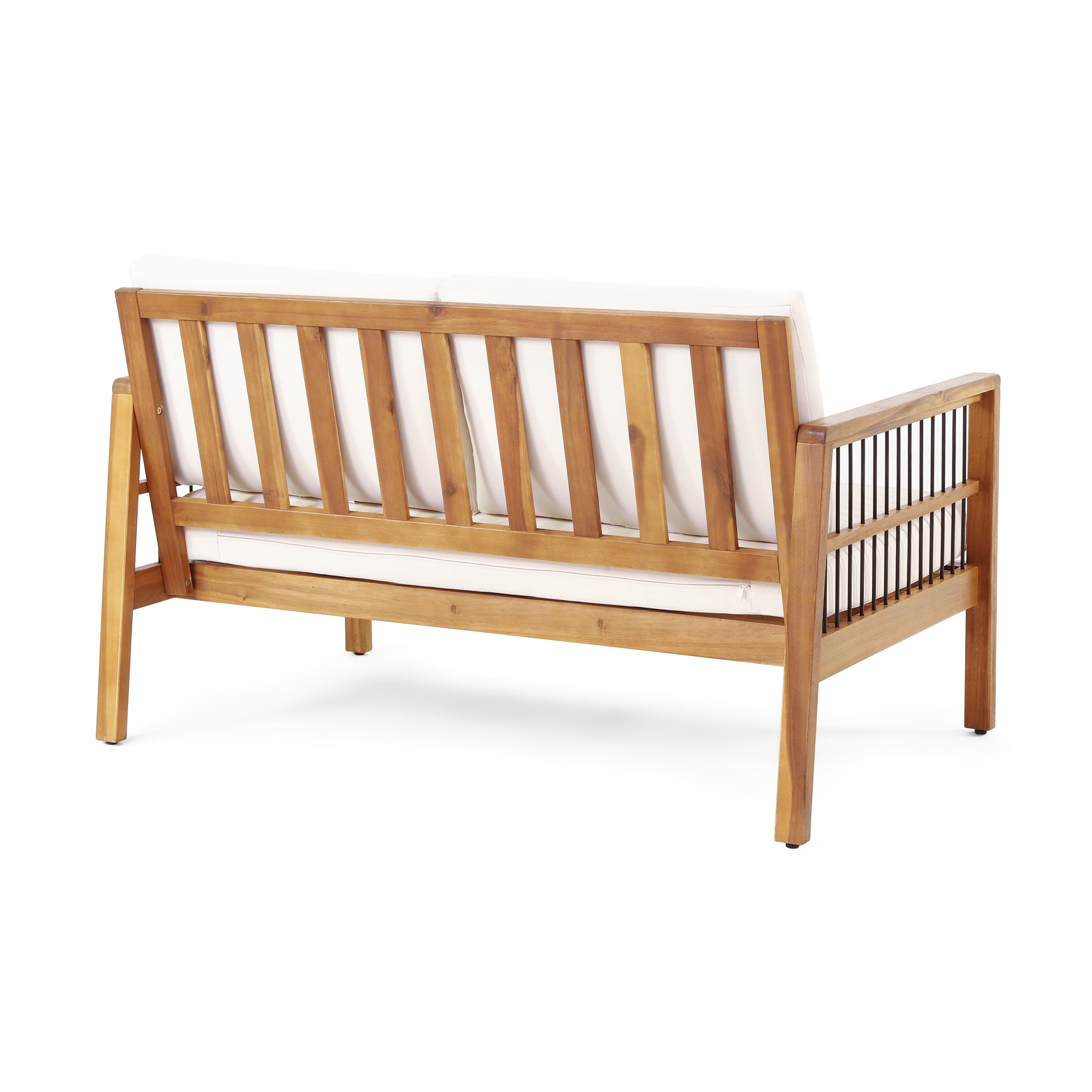 Outdoor Loveseat and Coffee Table Set with Acacia Wood and Cushions, Patio Furniture Set and Garden Seating with 3 Cushions, Teak Black Beige