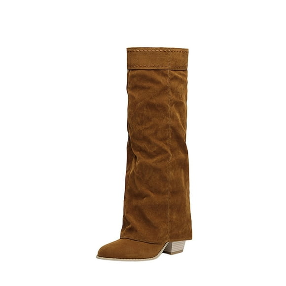 Brown Ladies Midcalf Boots With Suede Upper And Pointed Toe For Fall And Winter Thick Heel Chic Look Ideal For Everyday Wear Size 41