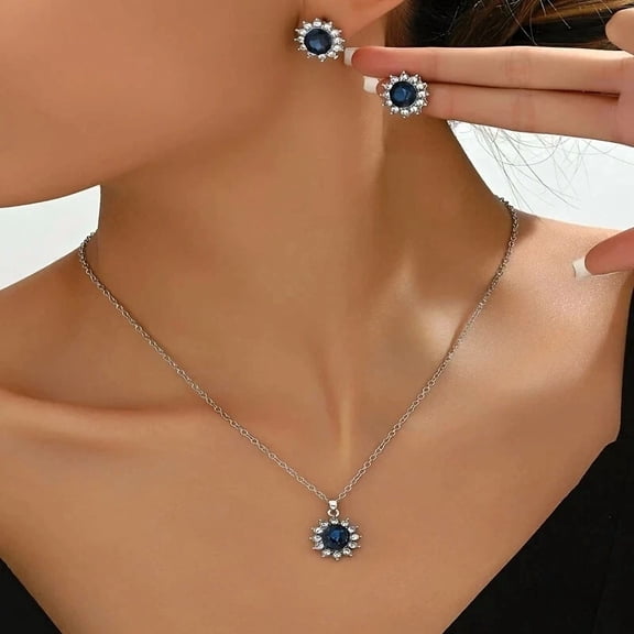 Necklace Pendant & Stud Earring Set 14K White Gold Plated 2Ct Round Cut Simulated Blue Sapphire