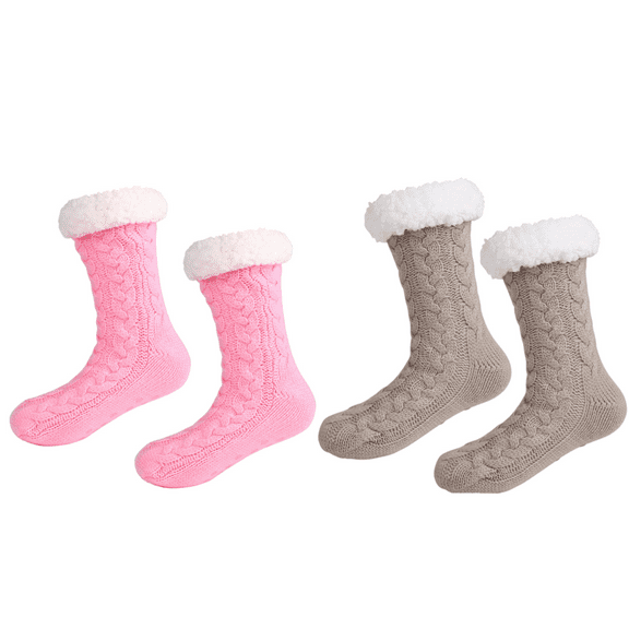 LEZMORE 2 Pack Slipper Socks for Women Cozy Fuzzy Stocking Socks ,Knit Womens Thick Knit Sherpa Fleece Slipper Socks Grippers