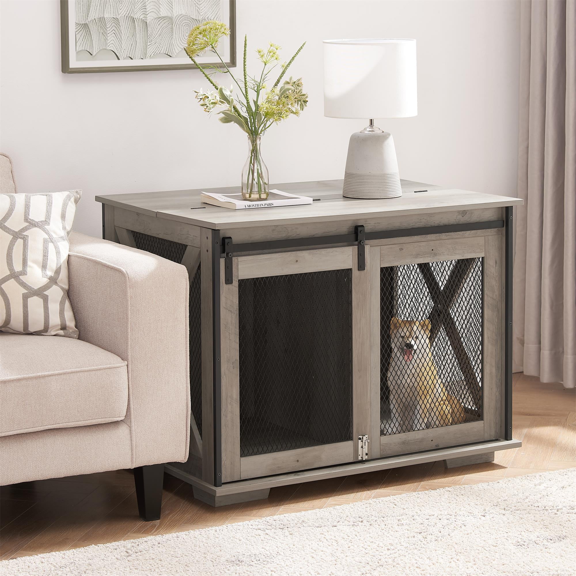 Pefilos 37" Wood Dog Crate Furniture, Heavy Dog Kennel Pet House with Sliding Barn Door, Indoor Dog Cage for Large Dogs, Gray Pefilos 37" Wood Dog Crate Furniture, Heavy Dog Kennel Pet House with Sliding Barn Door, Indoor Dog Cage for Large Dogs, Gray