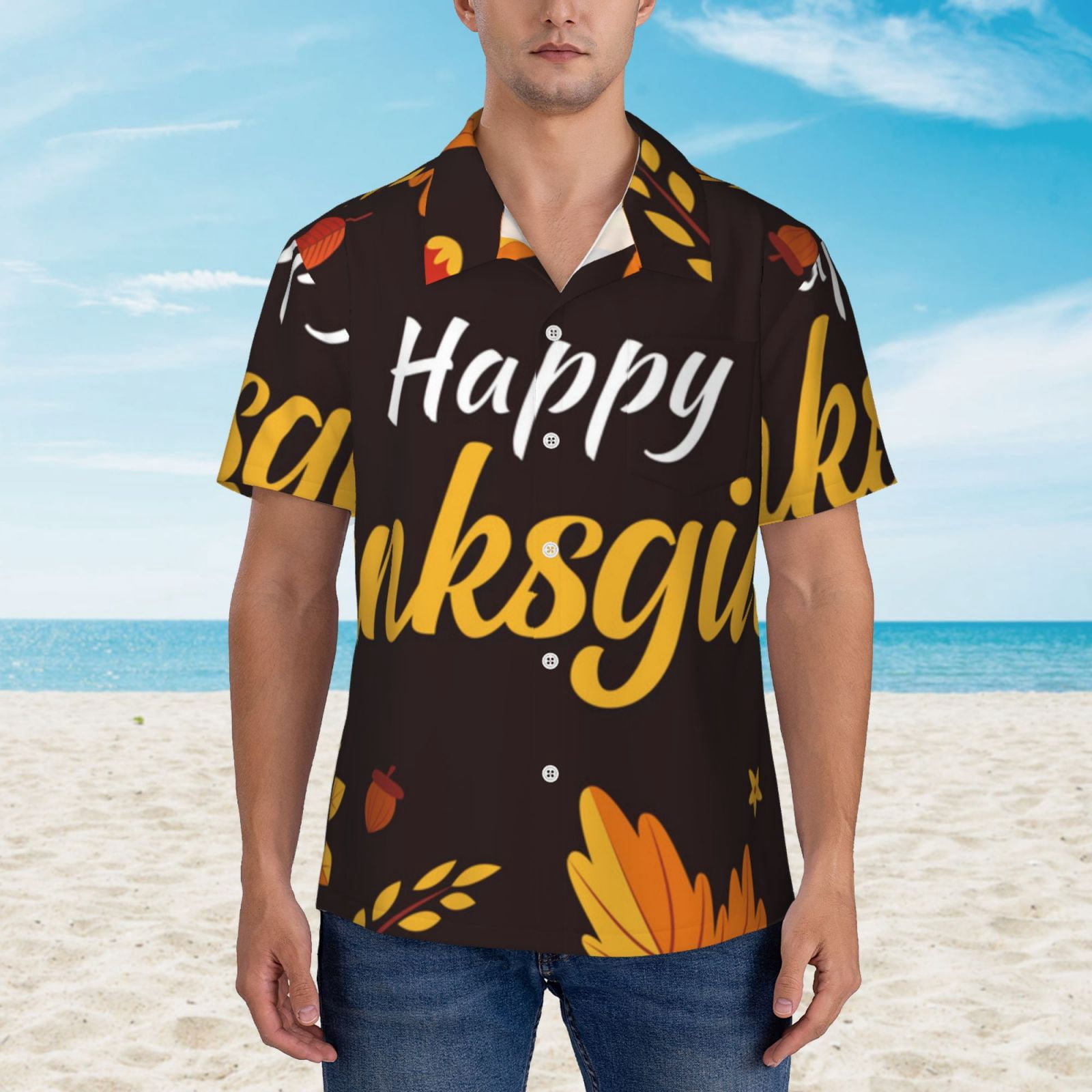 Rateoe Happy Thanksgiving 1 Pattern Men’s Hawaiian Shirt – Short Sleeve Button-Down Tropical Beach Shirt, Lightweight & Breathable Casual Aloha Shirt with Pocket,3X-Large