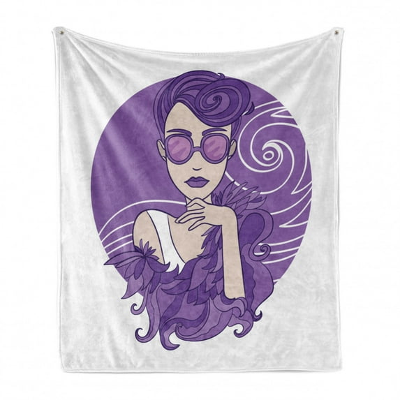 Diva Soft Flannel Fleece Blanket, Glam Lady with Short Grunge Hair Wearing Purple Shade Clothes Sunglasses, Cozy Plush for Indoor and Outdoor Use, 50" x 60", Blue Violet White Beige, by Ambesonne