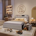 thumbnail image 3 of Festisoul Queen Bed Frame with Storage Headboard & 2 Drawers, Boucle Upholstered Platform Bed with Bookcase, No Box Spring Needed, Noise Free, Gray, 3 of 7