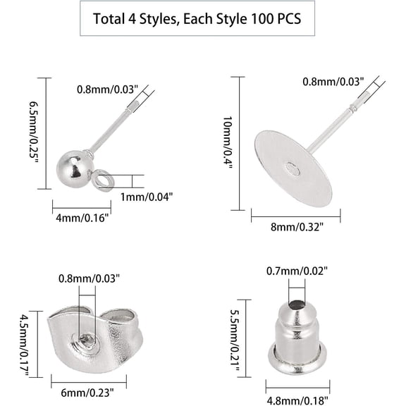 200pcs Stainless Iron Ball Stud Earring Stainless Steel Flat Round Earrings Posts Flat Pad Blank Earring Pin Studs with Butterfly Earring Backs