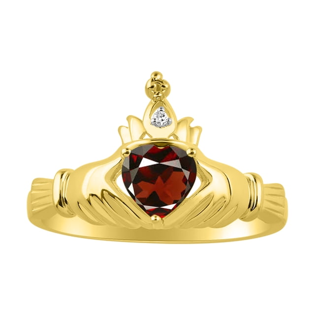 RYLOS Rings 14K Yellow Gold Claddah Love, Loyalty & Friendship Ring Heart 6MM Gemstone & Diamond Claddagh Rings January Garnet Jewelry Size 8