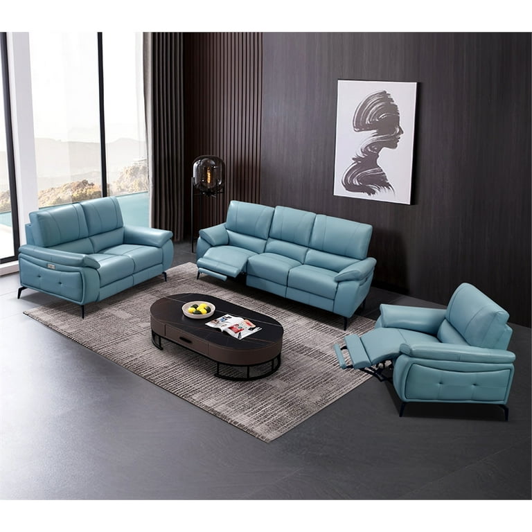 Light Blue Leather Reclining Sofa Baci Living Room